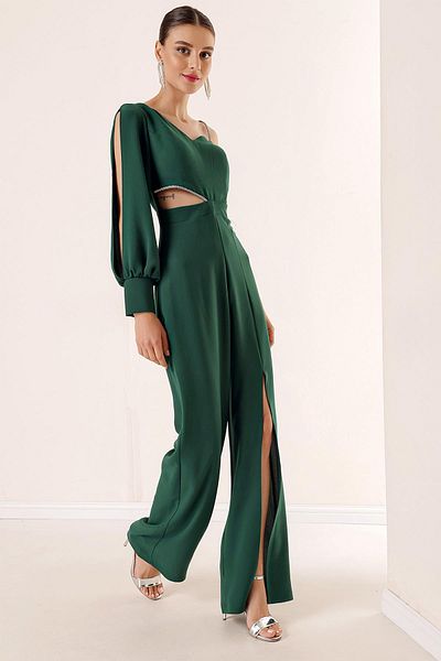 By Saygı Single Sleeve Stony Rope Strap Crepe Jumpsuit with Low-cut Waist and Slit on the Leg