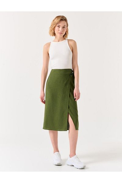 Jimmy Key Khaki Normal Waist hasított Midi vászonszoknya