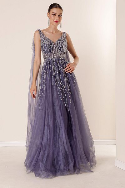 By Saygı Long Tulle Dress with Laced Back Sequin Beading Embroidered Lining