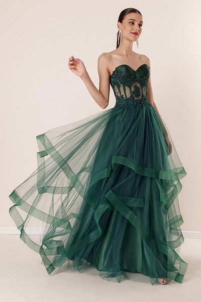 By Saygı Beaded Embroidered Transparent Layered Tulle Taffeta Long Evening Dress