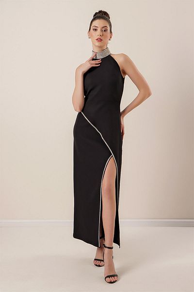 By Saygı Stone Detailed Long Dress with Slit on the Front