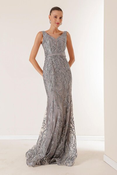 By Saygı V-Neck Lined Glittery Flock Print Long Dress