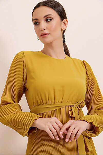 By Saygı Pleated Long Chiffon Dress with Ruffled Hem and Belted Waist