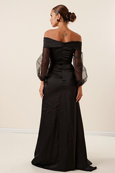 By Saygı Dlouhé krepové saténové šaty s límečkem Madonna s podšívkou z organzy