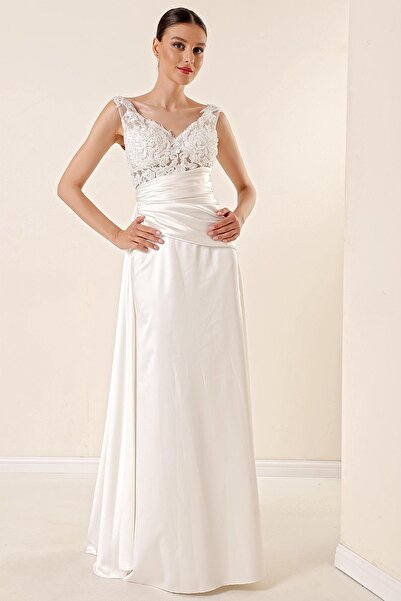 By Saygı Guipure See-Through Drapedlined Long Satin Dress with Beaded Top