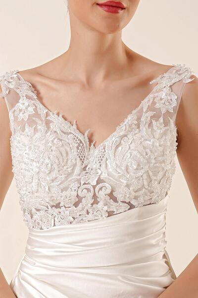 By Saygı Guipure See-Through Drapedlined Long Satin Dress with Beaded Top