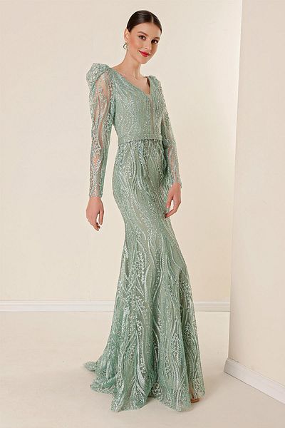 By Saygı V-Neck Long Sleeve Lined Large Size Spaced Silvery Flock Printed Long Dress