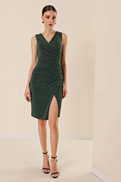 By Saygı Lycrové třpytivé šaty s plisovaným lemem a předním rozparkem