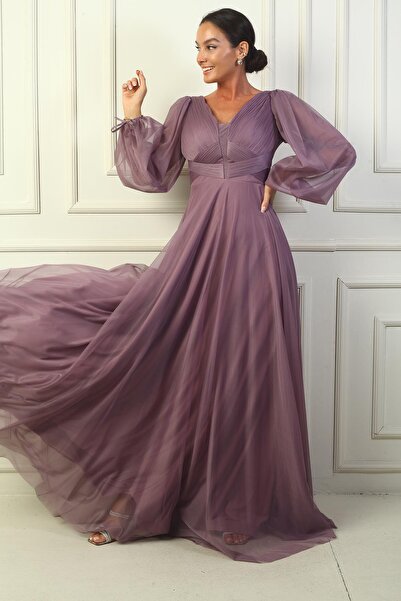 By Saygı V-neck Balloon Sleeve Long Tulle Dress - Front and Back Design