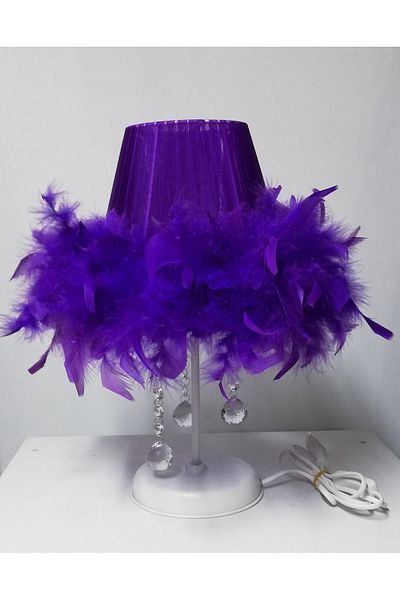 TEKAY AYDINLATMA Purple Feather and Stone Bedroom - Lampshade Wood, White Metal Gold Leg
