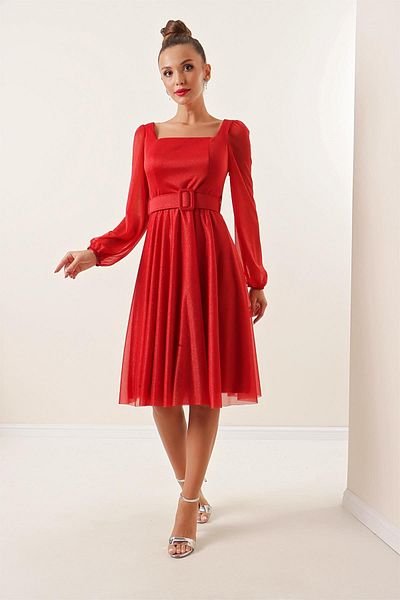 By Saygı Glitzerkleid mit quadratischem Kragen, Gürtel, Ballonärmeln und Futter