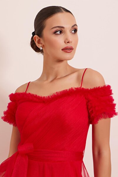 By Saygı Madonna Collar Rope Strap Slit Tulle Long Dress