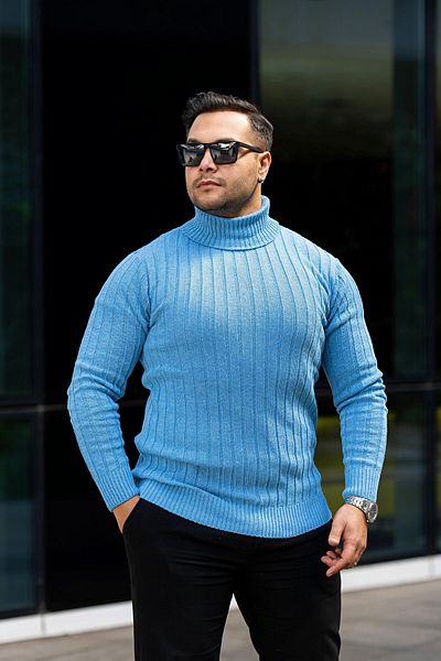 VİP LOKAL Pulover de tricotaj pentru bărbați, albastru, slim fit, cu gât în picioare