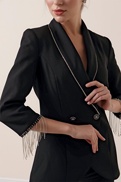 By Saygı Yaka Ve Kol uçları Taş Zincir Detaylı Astarlı Ceket Cepli Pantolon 2'li Takım