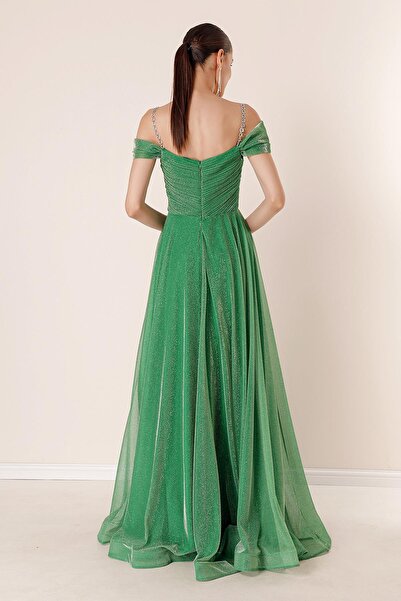By Saygı Strappy Low Sleeves Lined Long Glitter Dress with Wide Size Range