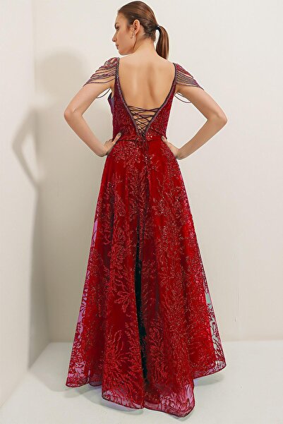 By Saygı Long Dress with Beading Detail, Lace-Up Back Lining, Sequin Lurex