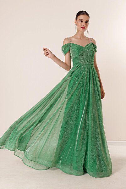 By Saygı Strappy Low Sleeves Lined Long Glitter Dress with Wide Size Range