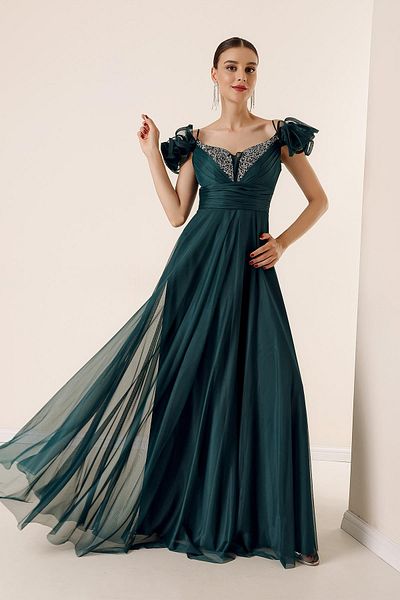 By Saygı V-Neck Jewel Detailed Long Tulle Dress - Rope Strap, Short Sleeve