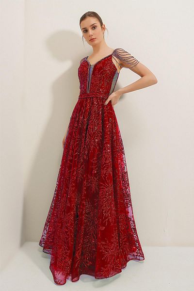 By Saygı Long Dress with Beading Detail, Lace-Up Back Lining, Sequin Lurex