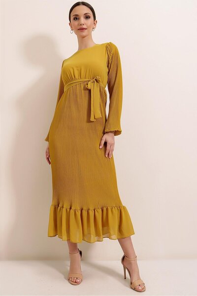 By Saygı Pleated Long Chiffon Dress with Ruffled Hem and Belted Waist