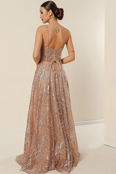 By Saygı Φόρεμα με μακρύ σχοινί με πούλιες και λάμψη - με λεπτή γραμμή με χάντρες