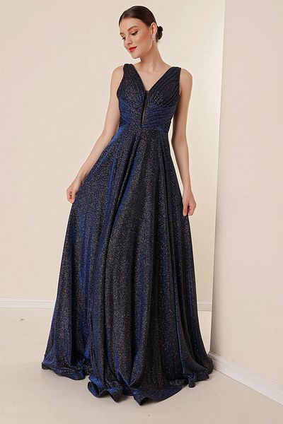 By Saygı Thick Strap Lined Mini Checkered Wide Size Glittery Long Dress