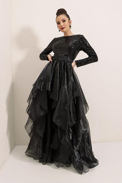 By Saygı Organza Long Dress with Sequin Long Sleeve Waist Belt Lining on Top