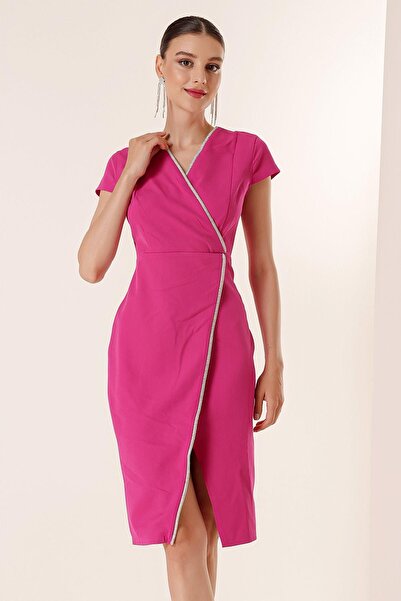 By Saygı Double Breasted Neck Half Moon Sleeve Stone Detailed Dress with Slit on the Front