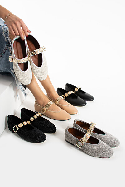 volarescarpe كريم تويد لاريسا - حذاء باليرينا مع تفاصيل إبزيم بروش وحزام