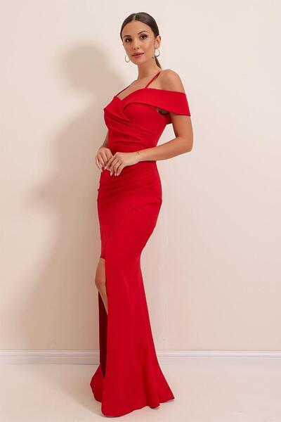 By Saygı String Straps Madonna Neck Side Drawstring Long Crepe Dress