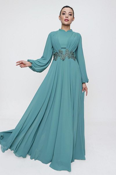 By Saygı Long Chiffon Dress with Pleated Waistline Beading Lacing Detail