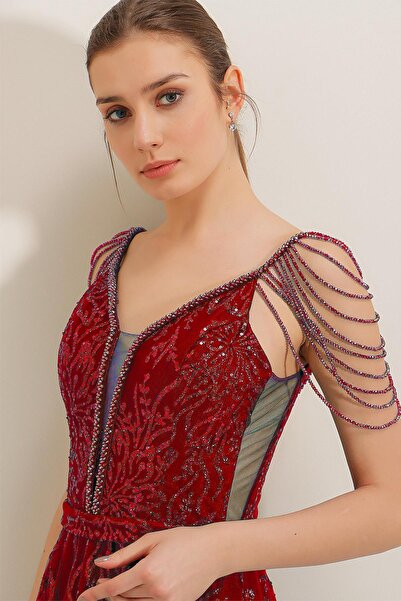 By Saygı Long Dress with Beading Detail, Lace-Up Back Lining, Sequin Lurex