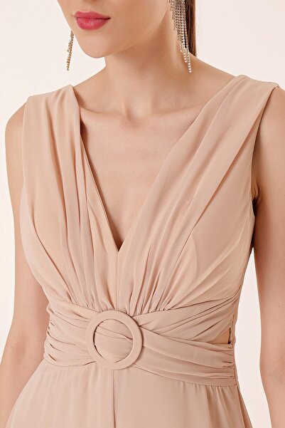By Saygı Low Waist Front Back V Neck Lined Chiffon Jumpsuit