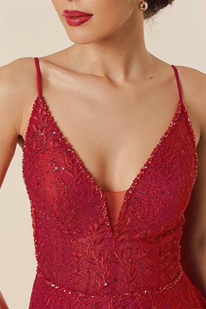 By Saygı Lanyard Strap Lined Bead Detailed Embroidery Embroidered Sequin Long Dress