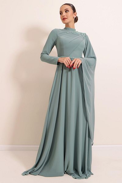 By Saygı Schulter- und Taillenkleid mit Perlenstickerei, Chiffon, langes Hijab-Kleid