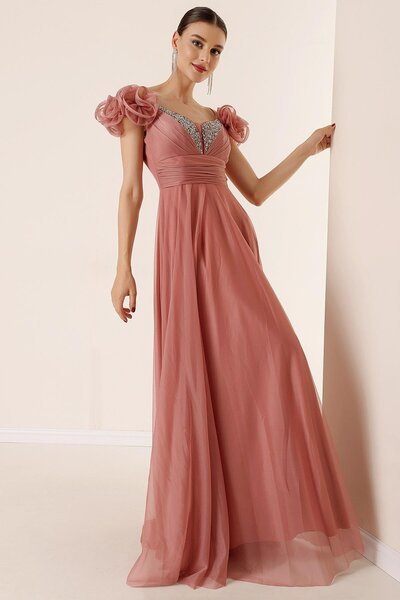 By Saygı Front Back V Neck Rope Strap Short Sleeve Front Rhinestone Lined Long Tulle Dress