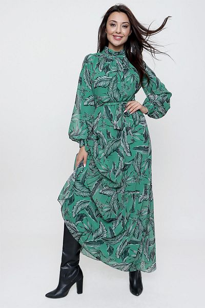 By Saygı Long Chiffon Dress with Pleated Long Leaf Print Lining with Belted Waist