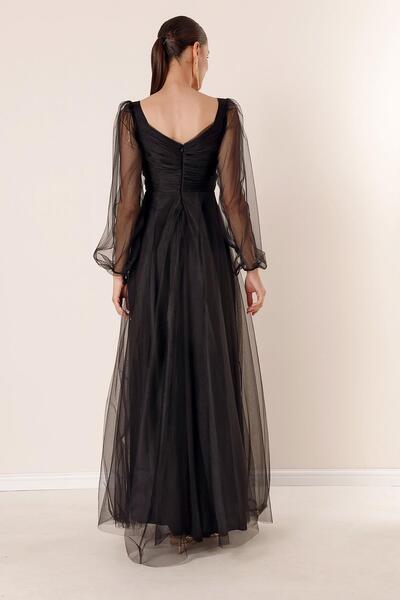 By Saygı Elöl Hátsó V nyakú derék kövekkel drapírozott bélelt hosszú tüll ruha