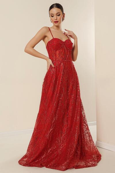 By Saygı Kleid mit langen Seilträgern und Bügeln mit Pailletten und Glitzer – gefüttert mit Perlendetails