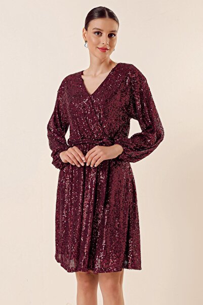 By Saygı V-Neck Waist Belted Lined Sequin Short Dress
