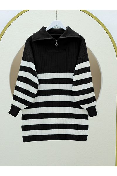 Modamorfo Ribbed Half-Neck Zippered Knitwear Tunic -Black
