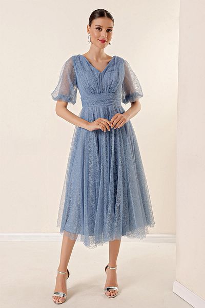 By Saygı Front Back V Neck Short Balloon Sleeves Lined Spider Pattern Silvery Tulle Midi Dress