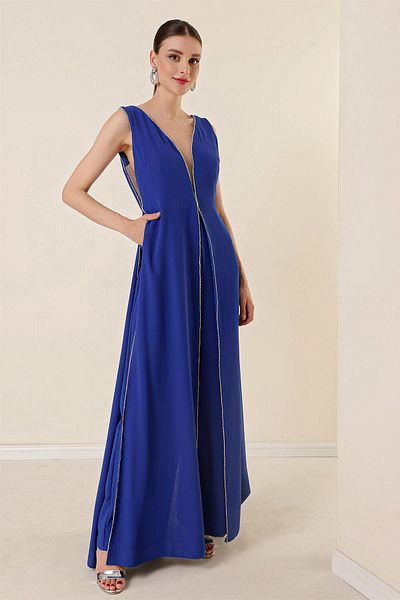 By Saygı V-Neck Thick Straps Front and Side Tulle Detailed Double Side and Stone Detailed Jumpsuit