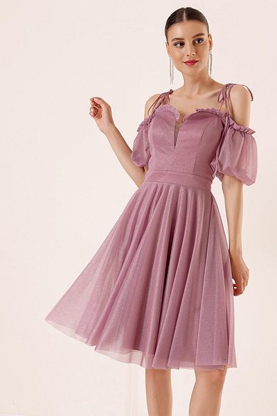 By Saygı Pleated Balloon Sleeves Lined Glitter Tulle Dress