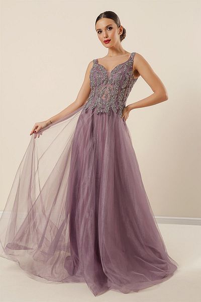 By Saygı Front Back V Neck Top Beaded Lined Long Tulle Dress