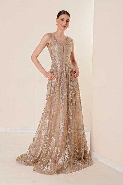 By Saygı Thick Straps Lined Silvery Flock Printed Long Dress