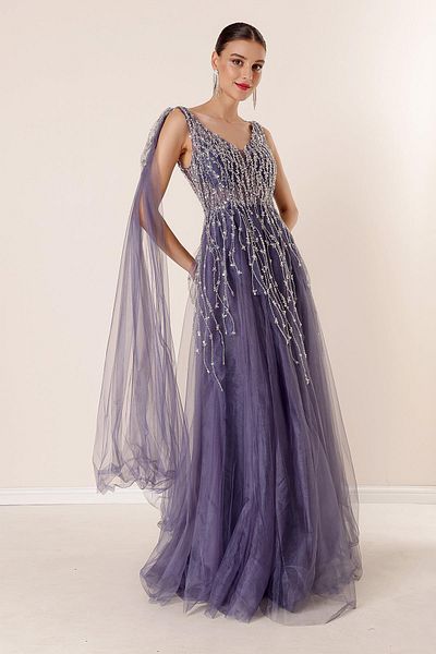 By Saygı Long Tulle Dress with Laced Back Sequin Beading Embroidered Lining