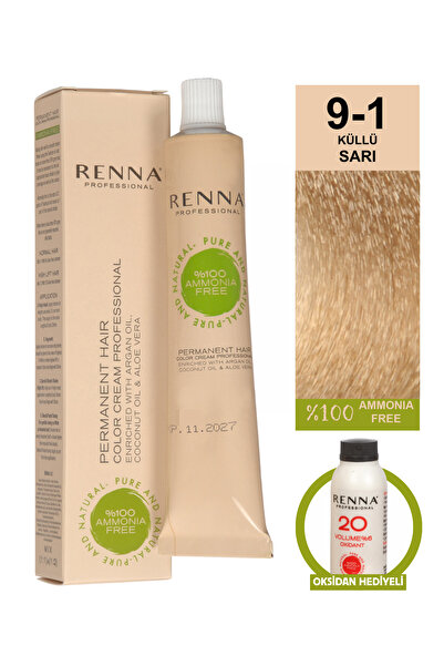 Renna Bitkisel Saç Boyası 9-1 Küllü Sarı 60 Ml - Oksidan Hediyeli (%100 Amony...