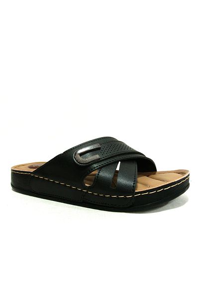Apella Black Buckle Cross Band Anatomical Comfort Slippers