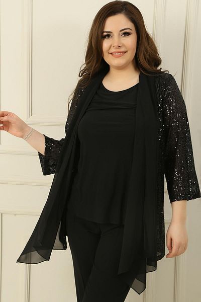 By Saygı Women's Sleeveless Blouse Shawl Neck Chiffon Detailed Sequin Jacket Plus Size 2-Piece Set